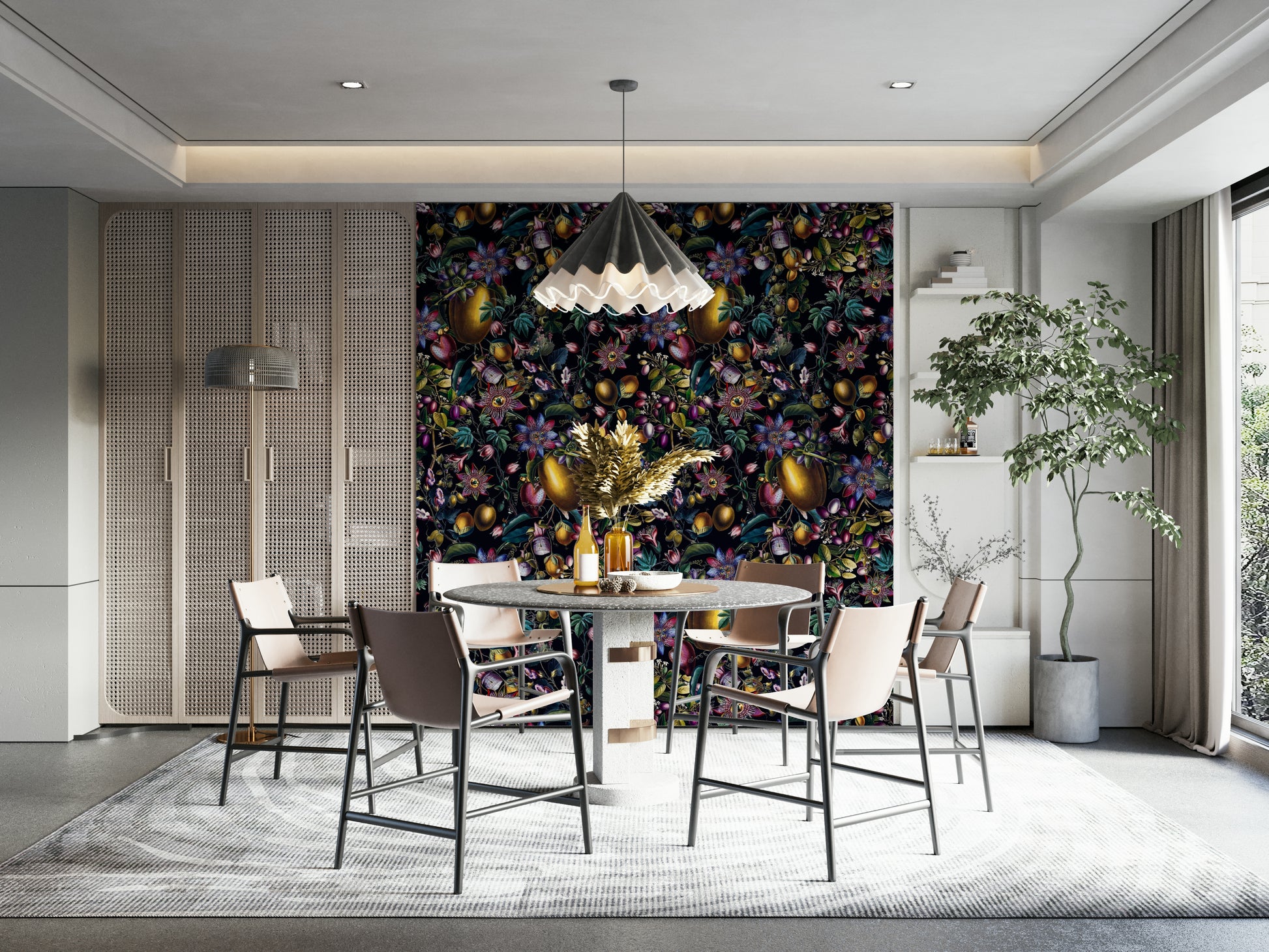 Dreamy floral mural with soft blooms and lush, green foliage.

