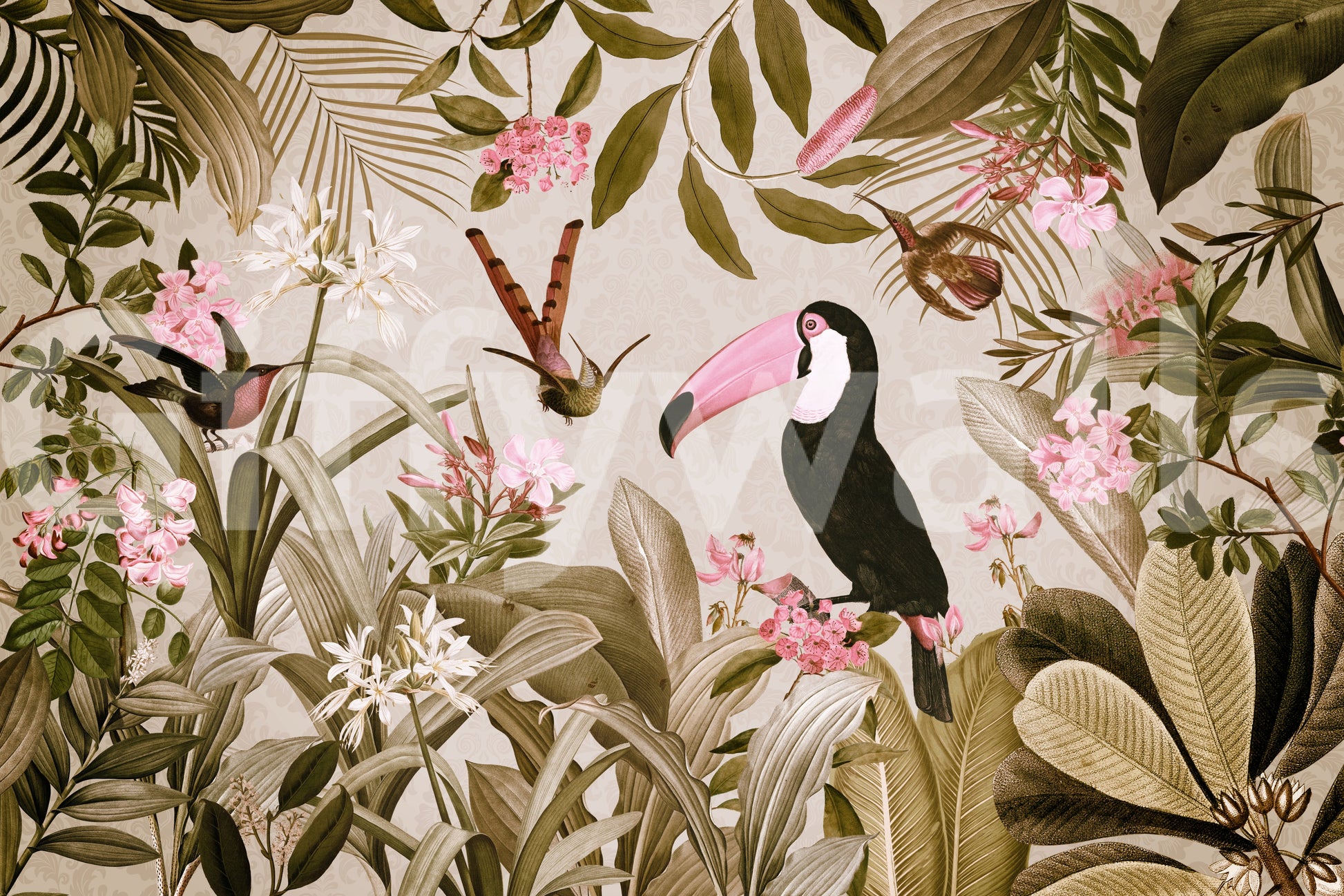 Tranquil jungle wall mural with soft leaves and subtle animals

