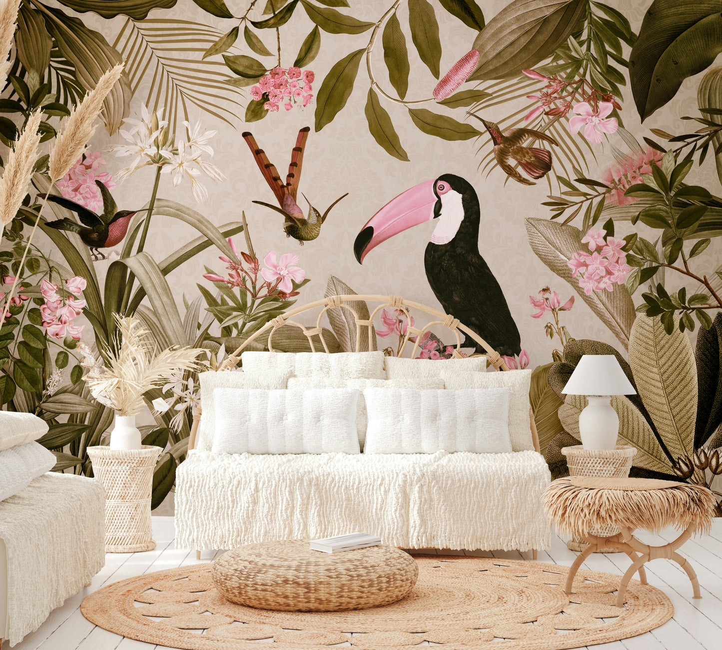 Nature-inspired jungle oasis mural for living rooms and bedrooms

