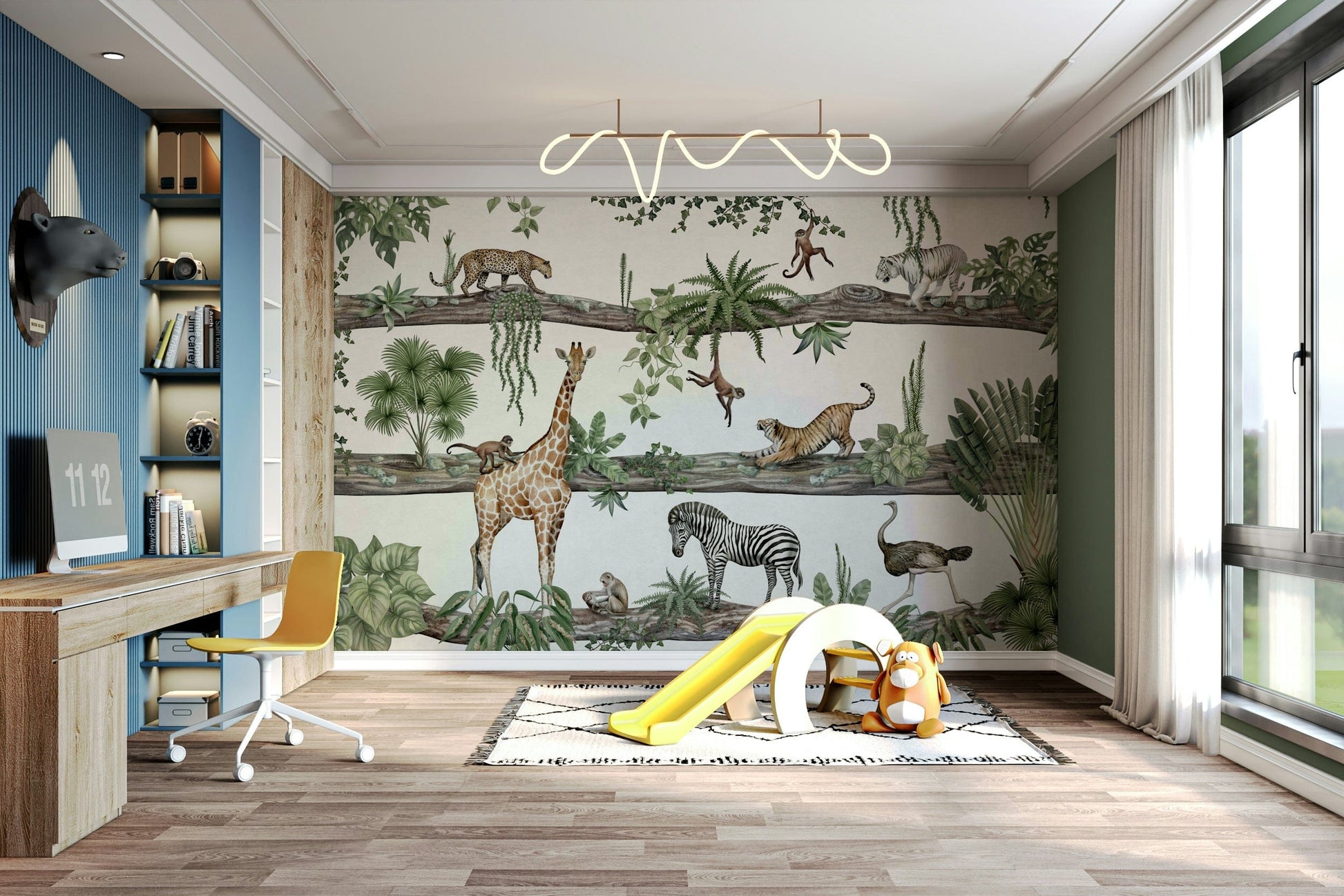 A calming jungle design wallpaper mural that defines a space.

