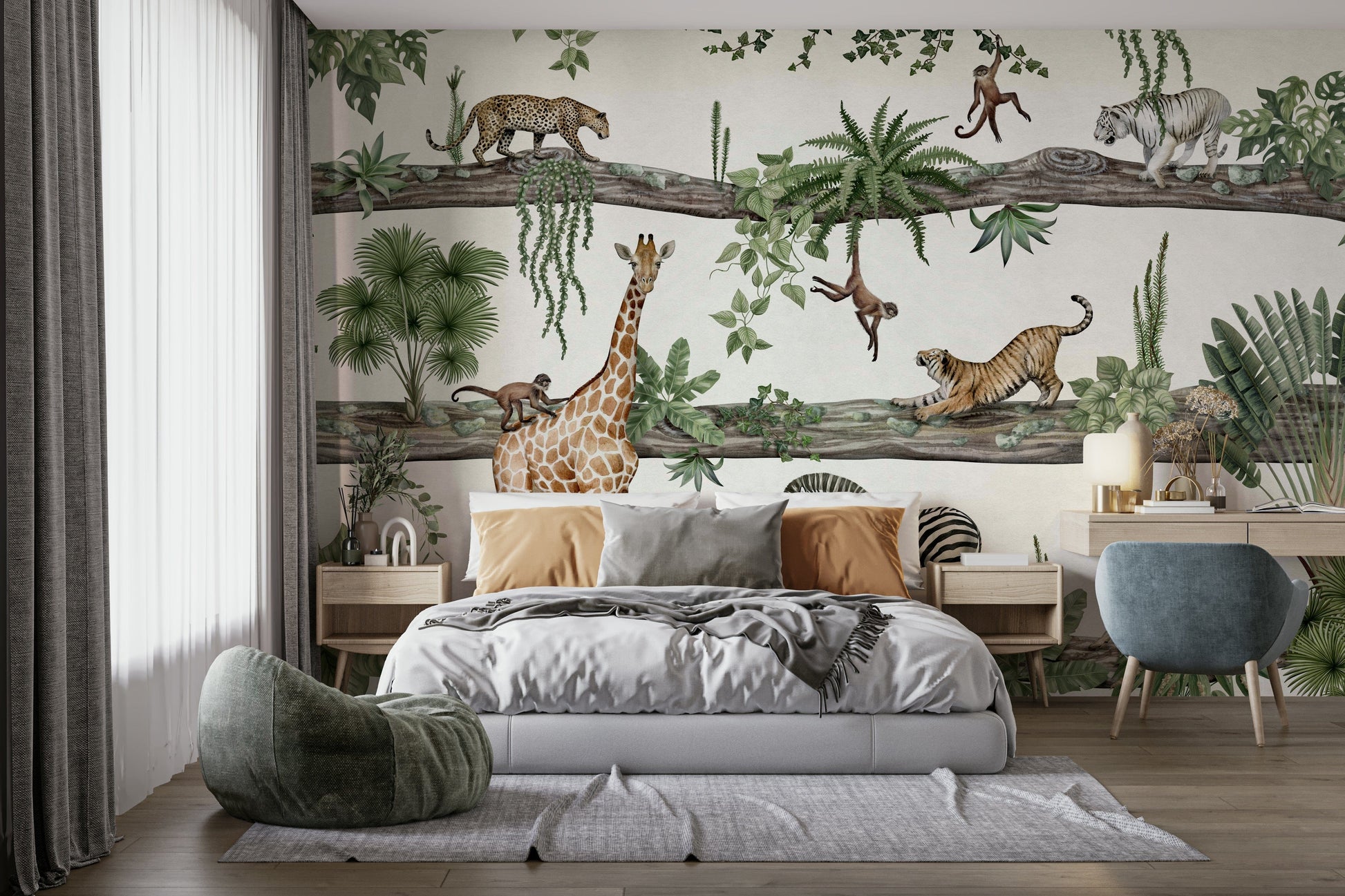 A beautiful enchanted jungle wallpaper mural for a modern home.

