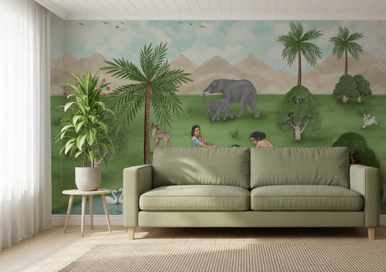 Scenic cultural landscape wall mural with deer and peacock