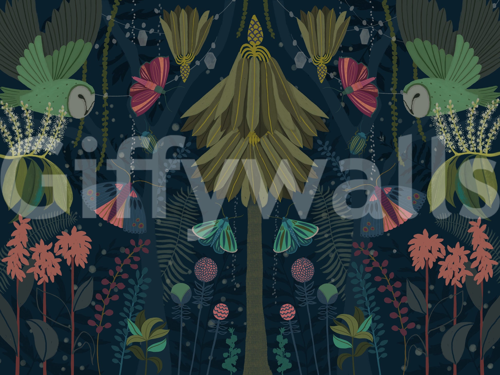 Lush, dreamlike night garden mural for living rooms or bedrooms.

