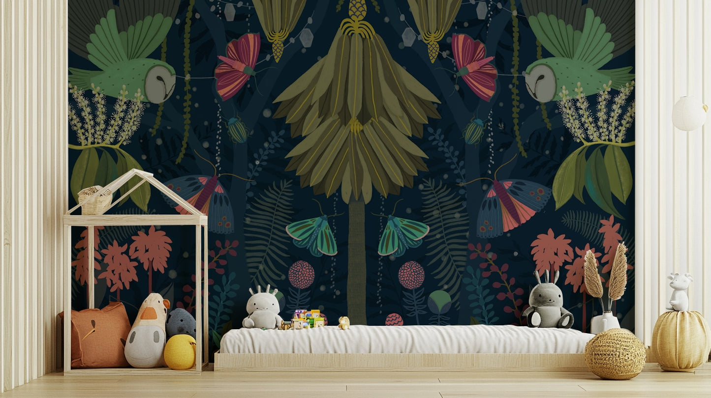 Garden at night wall mural with subtle moonlight and delicate flowers.


