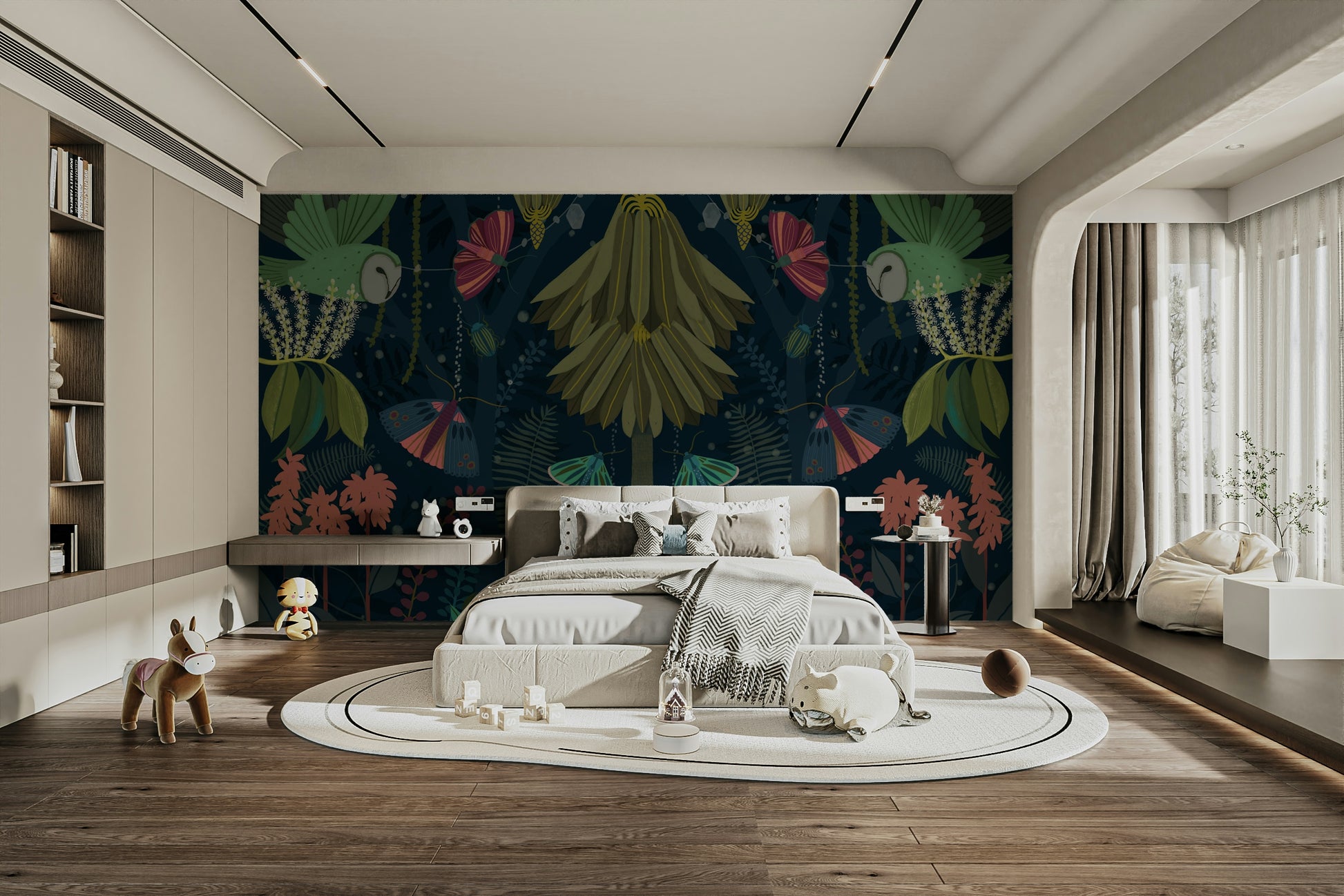 Enchanted night garden mural with lush foliage and peaceful vibes.

