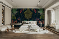 Enchanted night garden mural with lush foliage and peaceful vibes.

