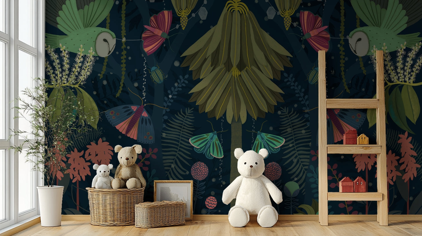 Tranquil garden scene mural with greenery and gentle moonlight.

