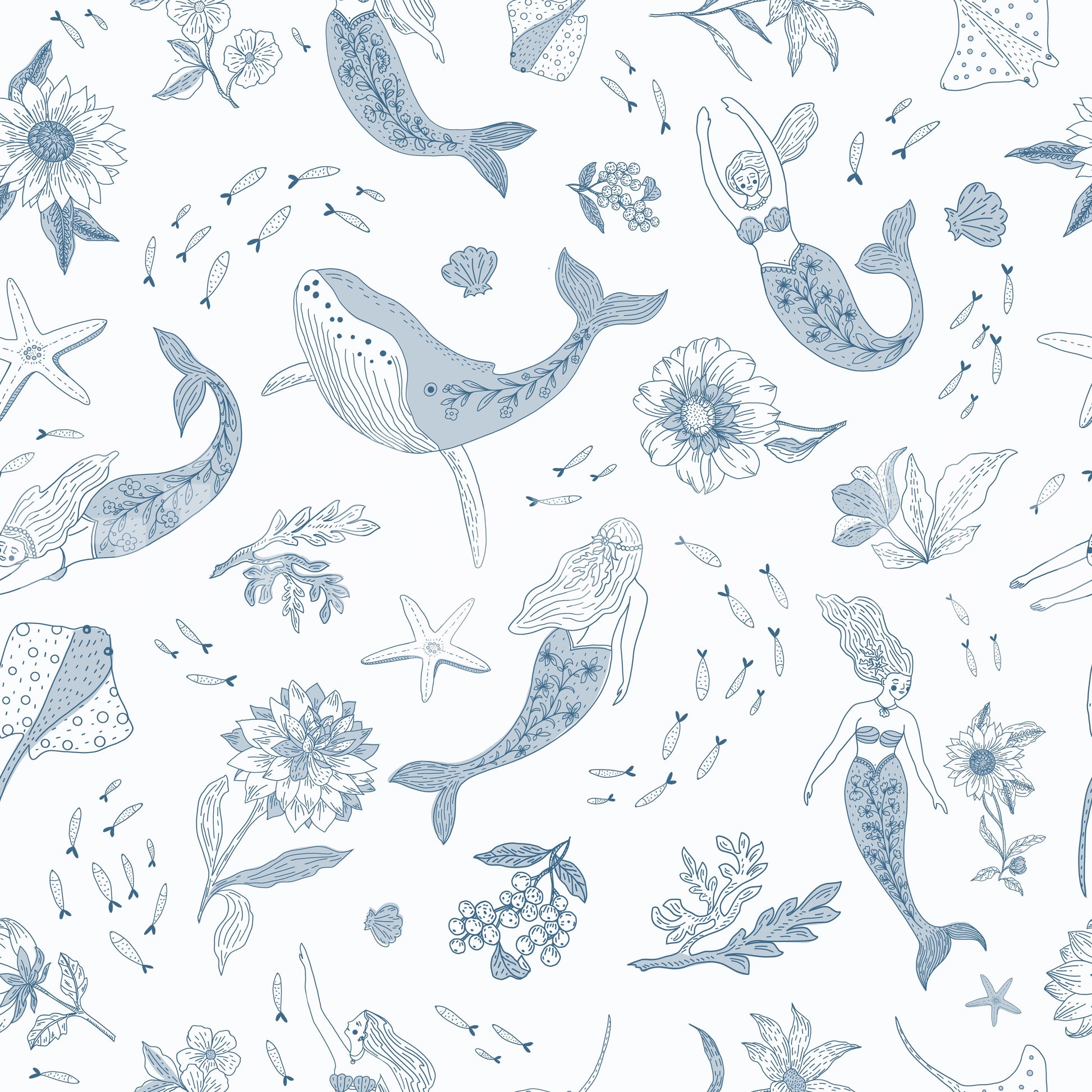 Enchanted Ocean wallpaper shown as a full-wall mural of blue line-art whales and mermaids on white