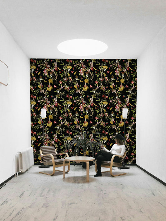 Enchanted Primate Paradise Wallpaper featuring playful monkeys and vibrant flowers.

