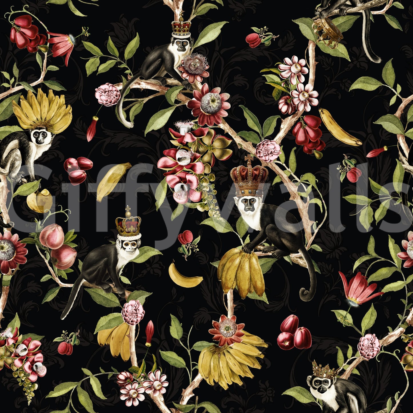 Fun, nature-filled wallpaper with primates and tropical elements.

