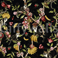 Fun, nature-filled wallpaper with primates and tropical elements.

