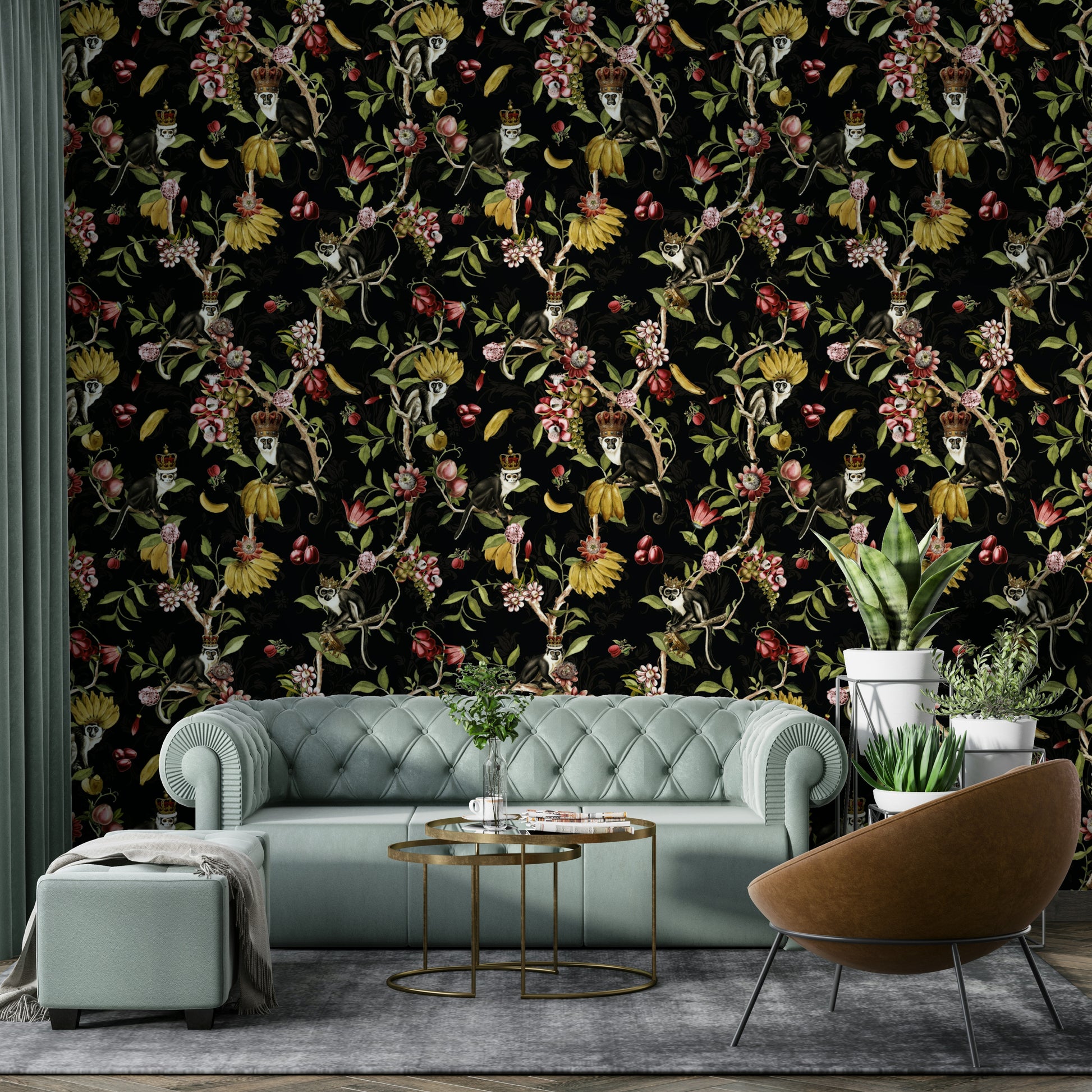 Jungle-inspired mural with monkeys, colorful blossoms, and rich foliage.

