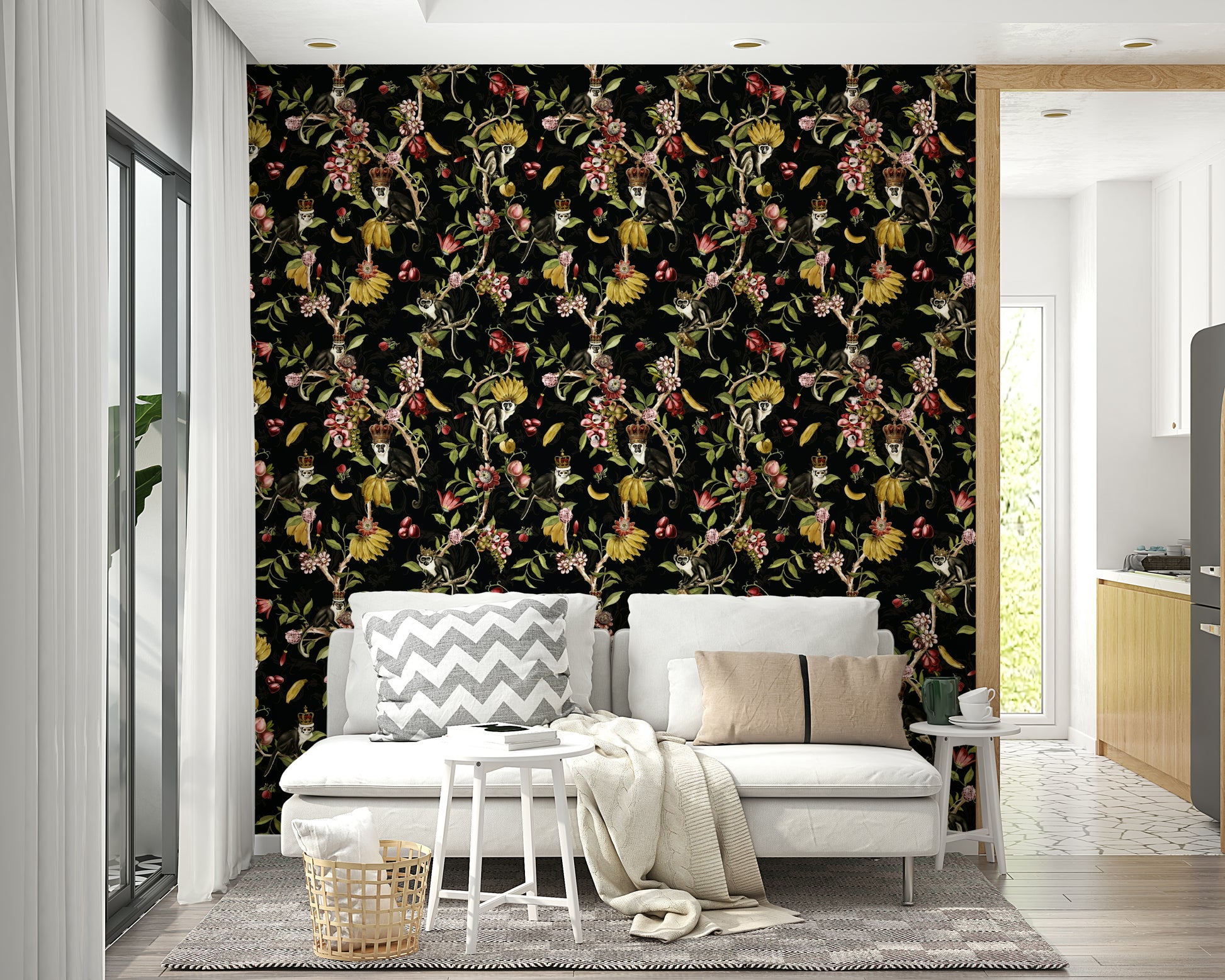 Lush jungle mural featuring monkeys, exotic flowers, and vibrant leaves.

