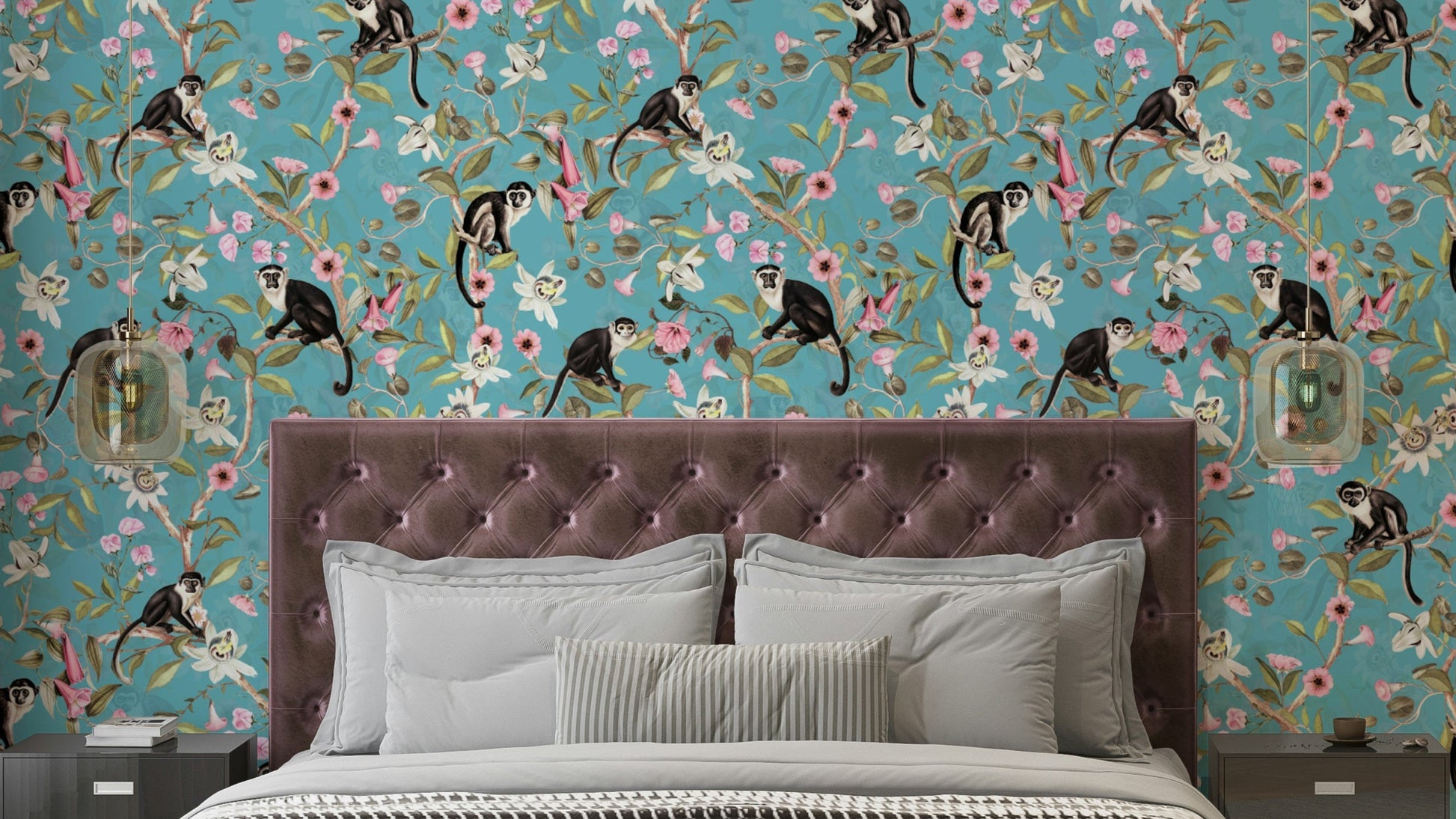 Enchanted Primates Wallpaper with monkeys and tropical foliage.

