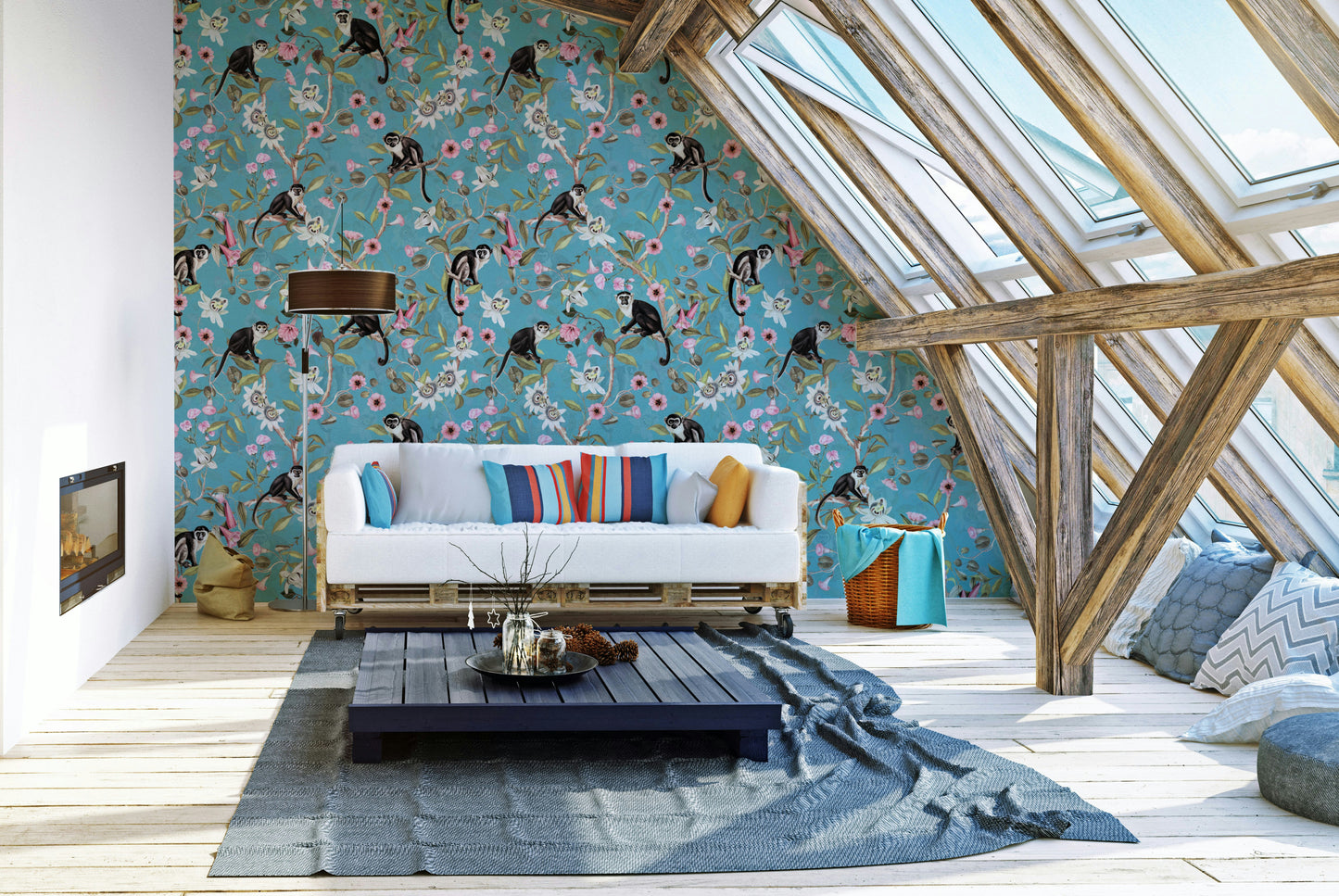 Jungle-inspired wallpaper with lush greenery and whimsical monkeys.

