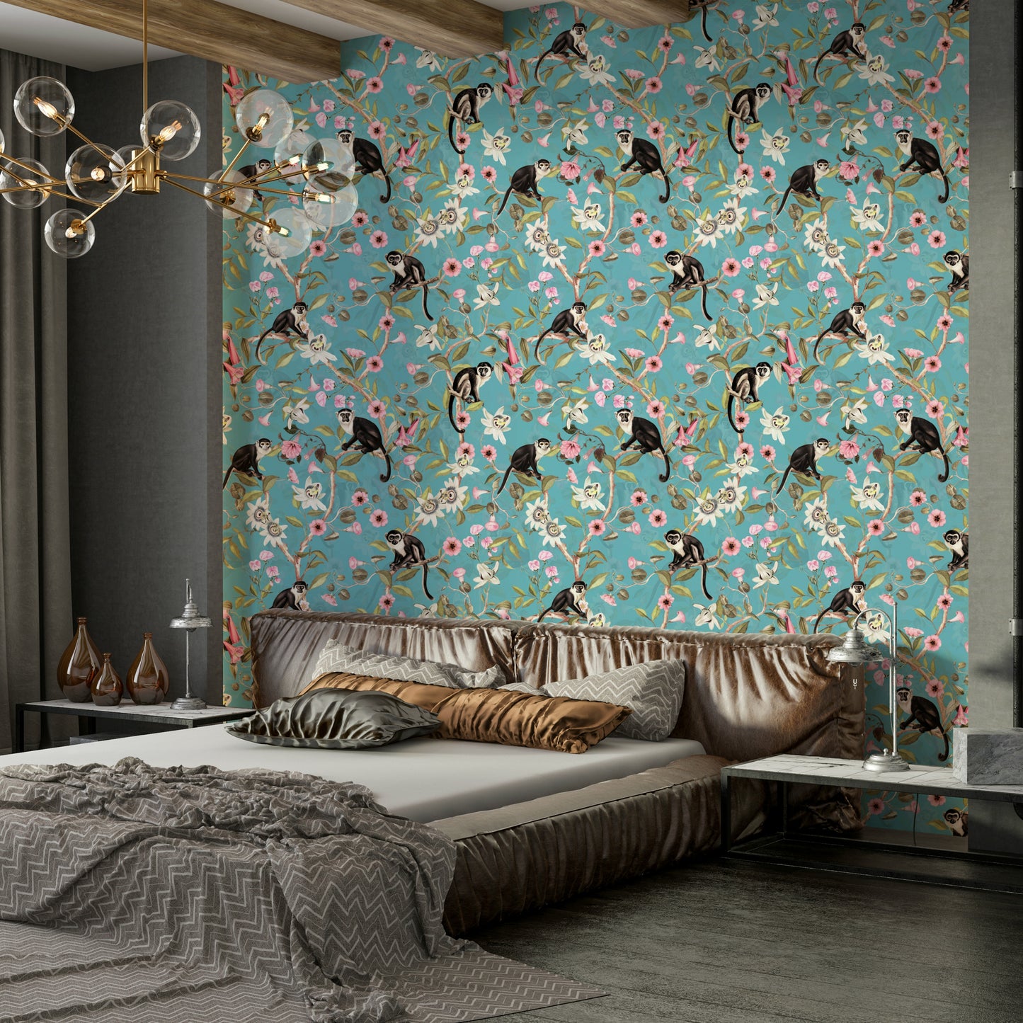 Whimsical mural with illustrated monkeys and jungle blooms.


