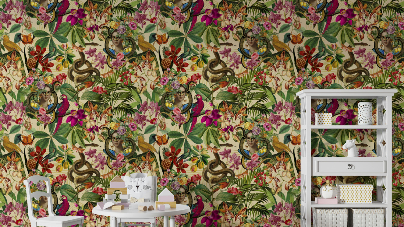 Snake Princess Whimsical Botanical Collage Wallpaper

