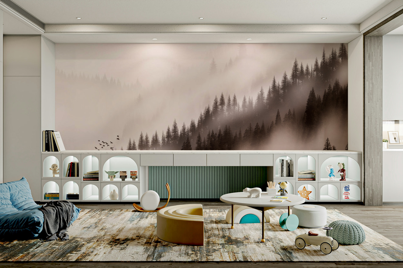 Enchanted Valley Sepia Wallpaper – Scenic forest mural design