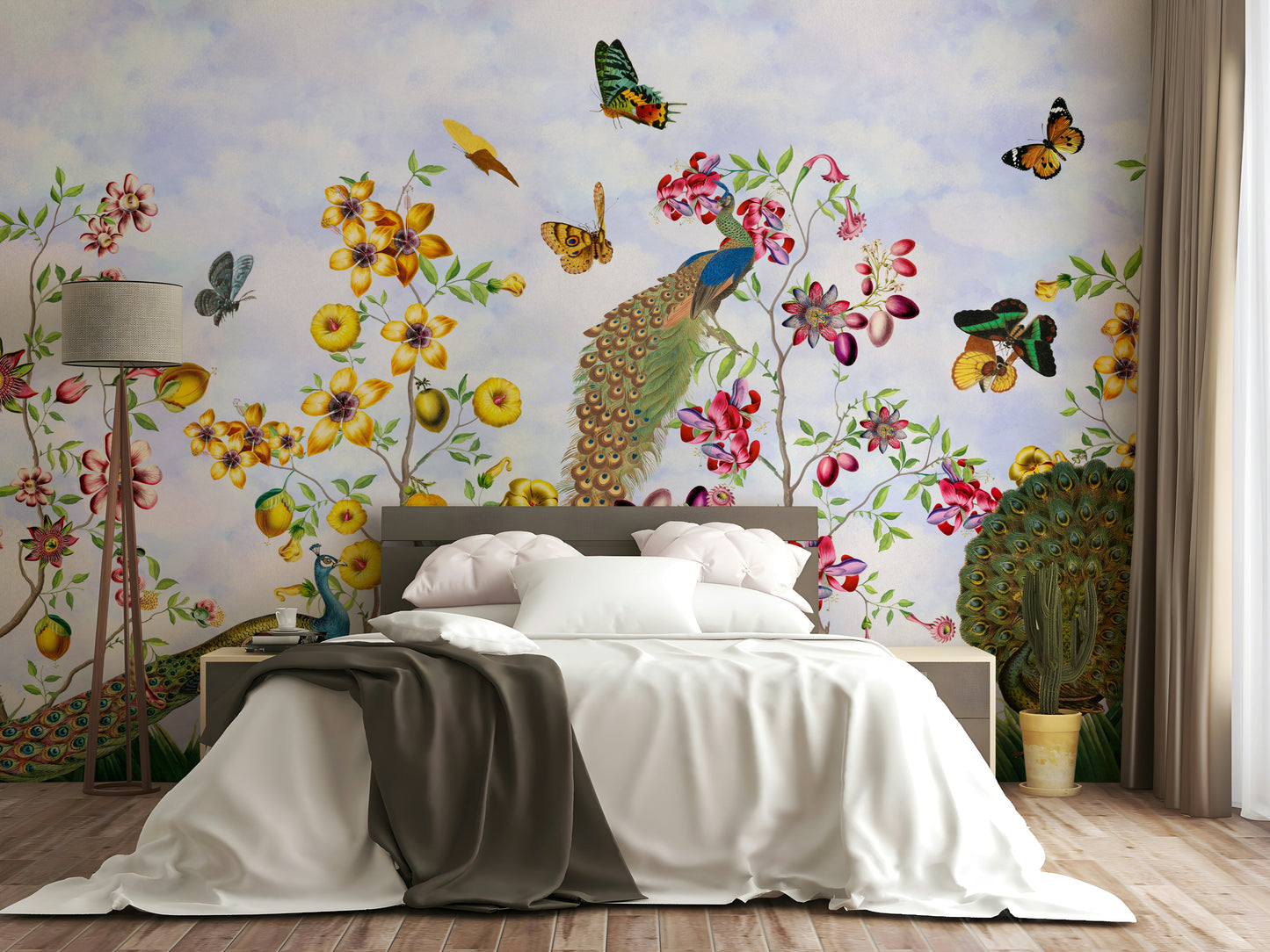 Detailed peacock and garden mural wallpaper for a serene space.

