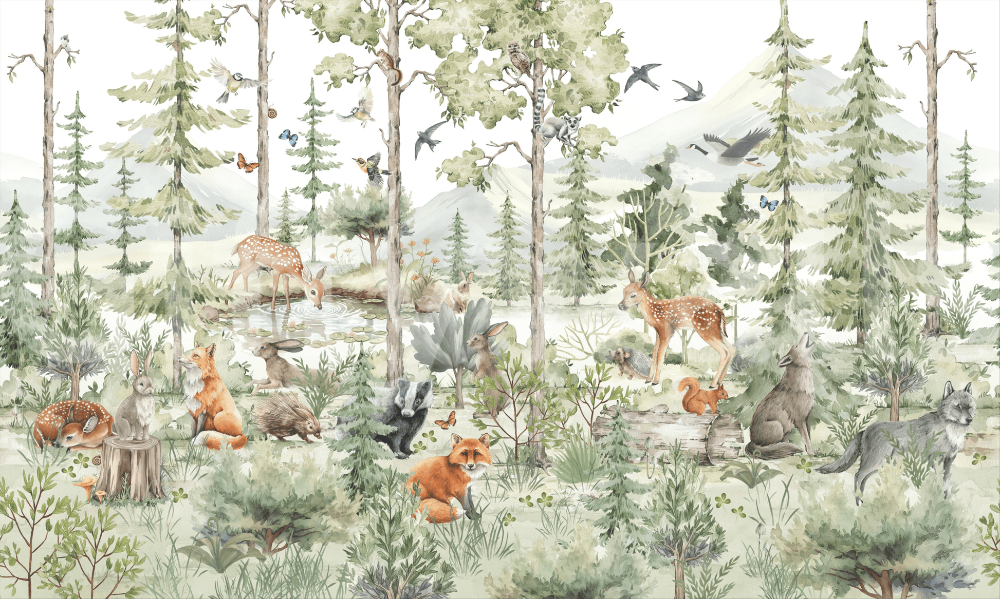 Forest wildlife wall mural with woodland friends and greenery