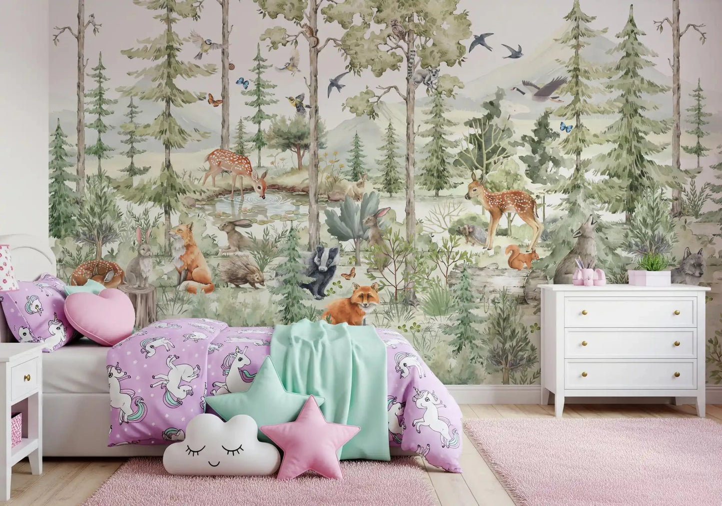 Enchanted Woodland Friends wall mural with deer fox and birds