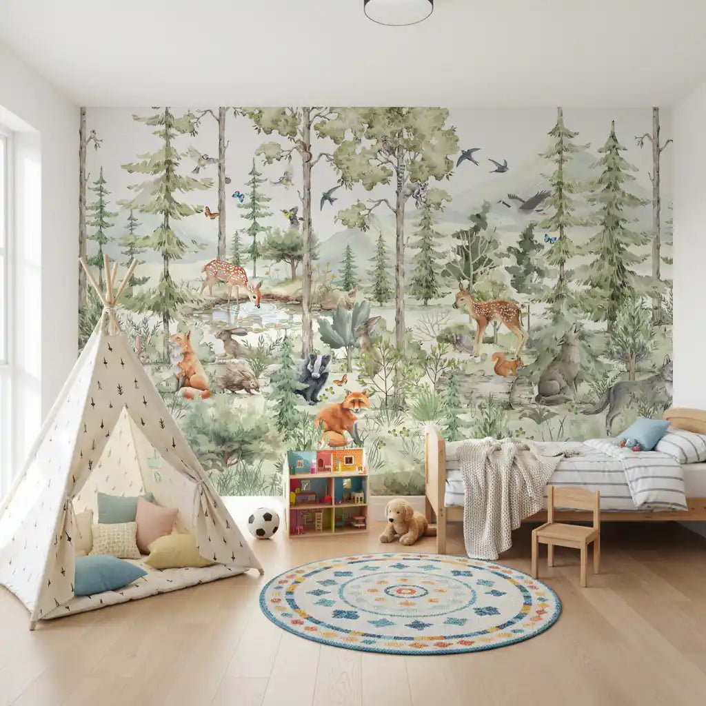 Bedroom Enchanted Woodland Friends mural with animals and greenery