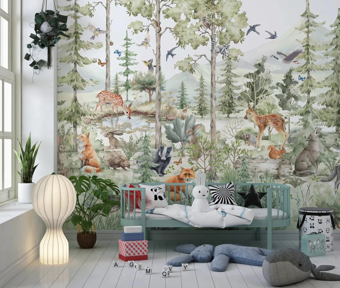 Playroom woodland friends wall mural with forest animals and trees