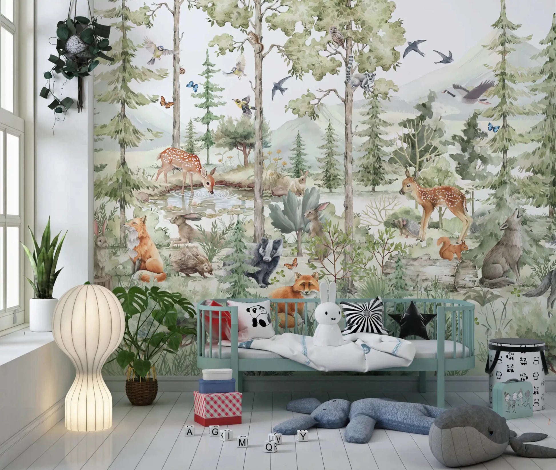 Playroom woodland friends wall mural with forest animals and trees