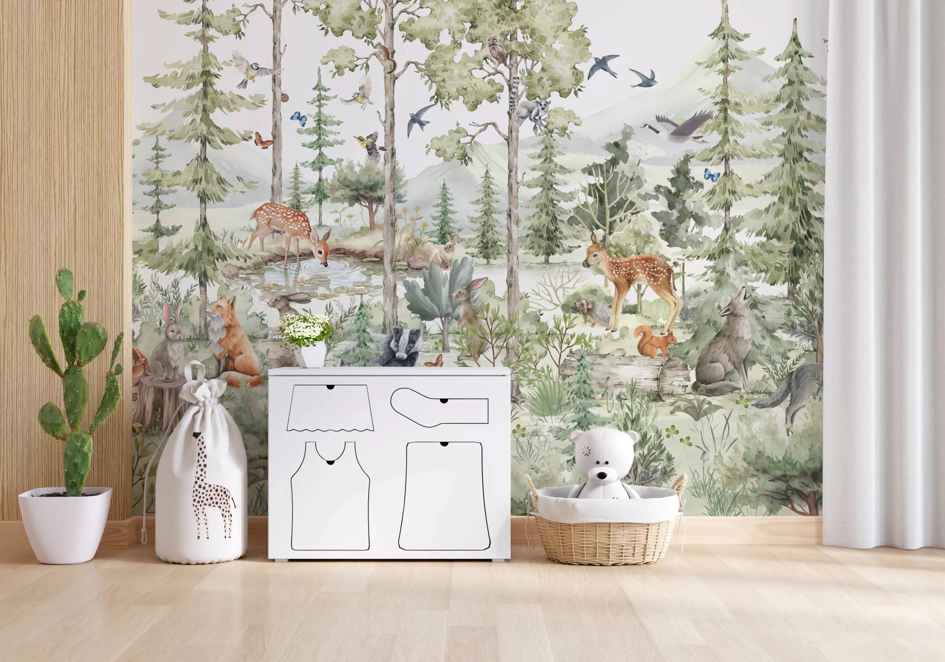 Woodland friends mural with deer rabbits and forest trees