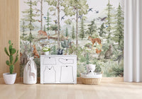 Woodland friends mural with deer rabbits and forest trees