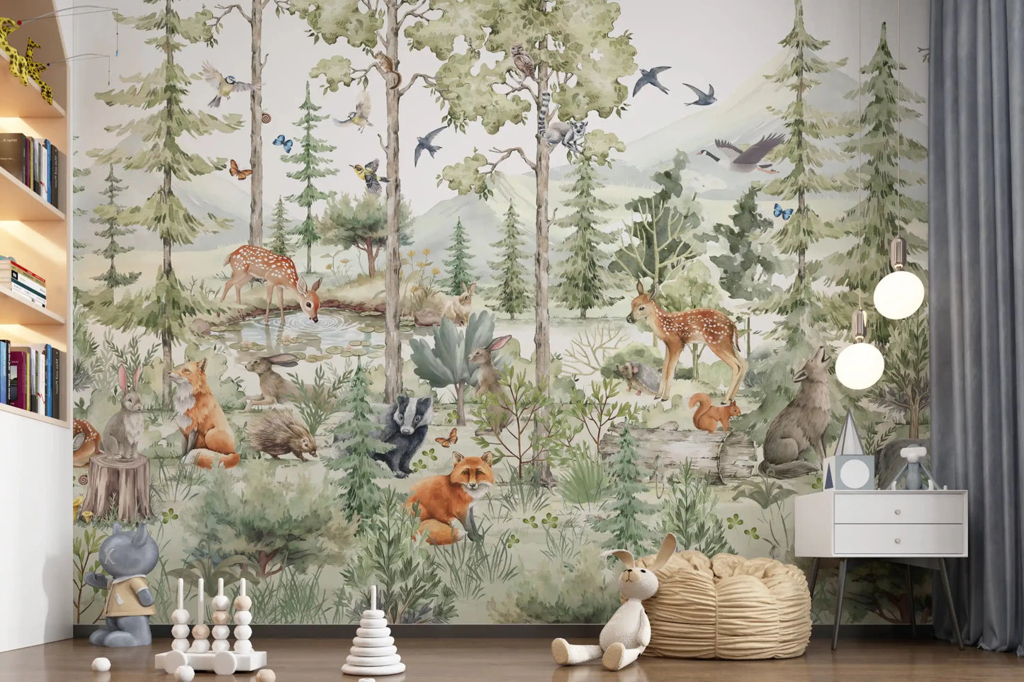 Nursery room Enchanted Woodland Friends wall mural with forest animals