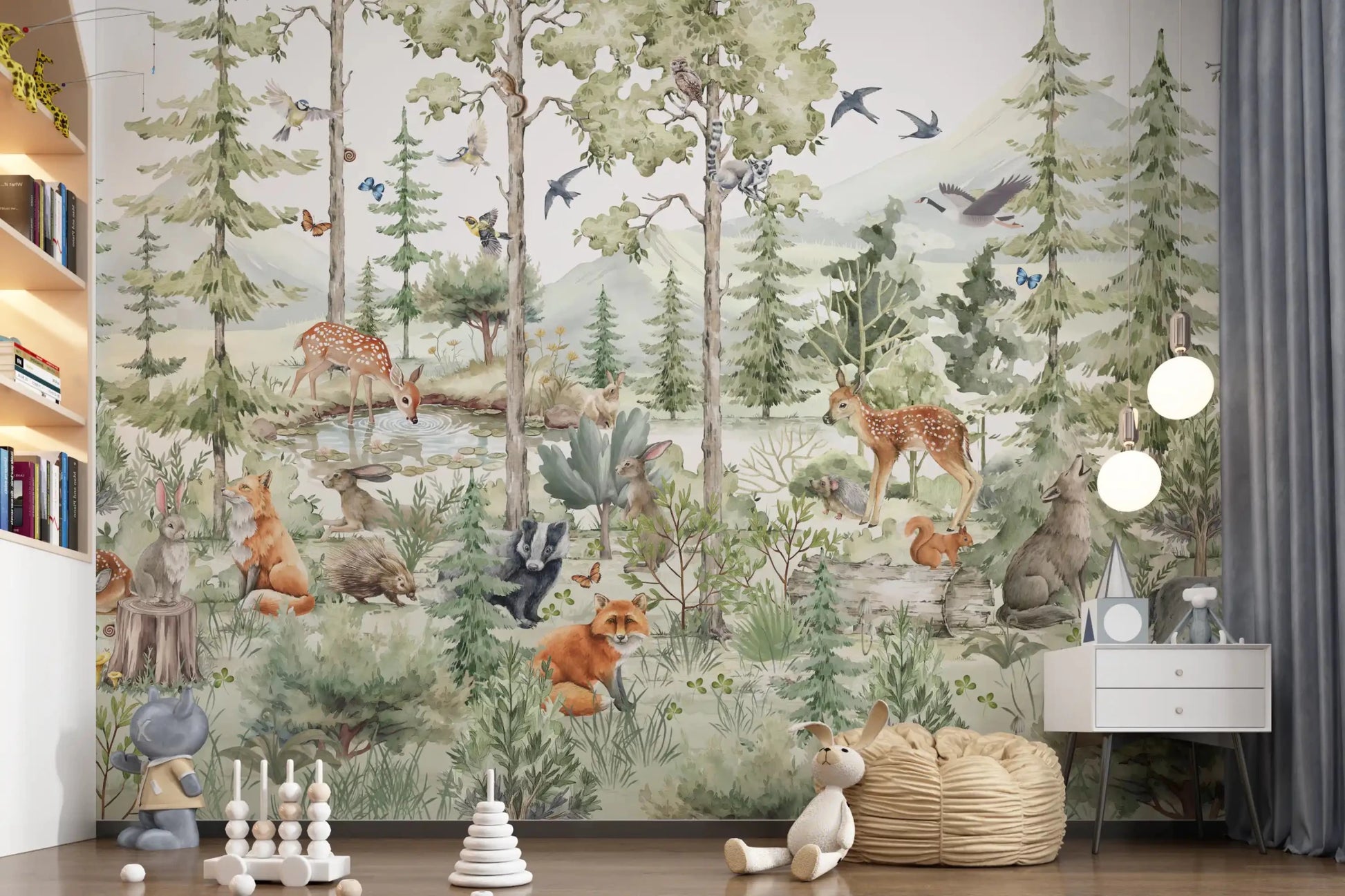 Nursery room Enchanted Woodland Friends wall mural with forest animals