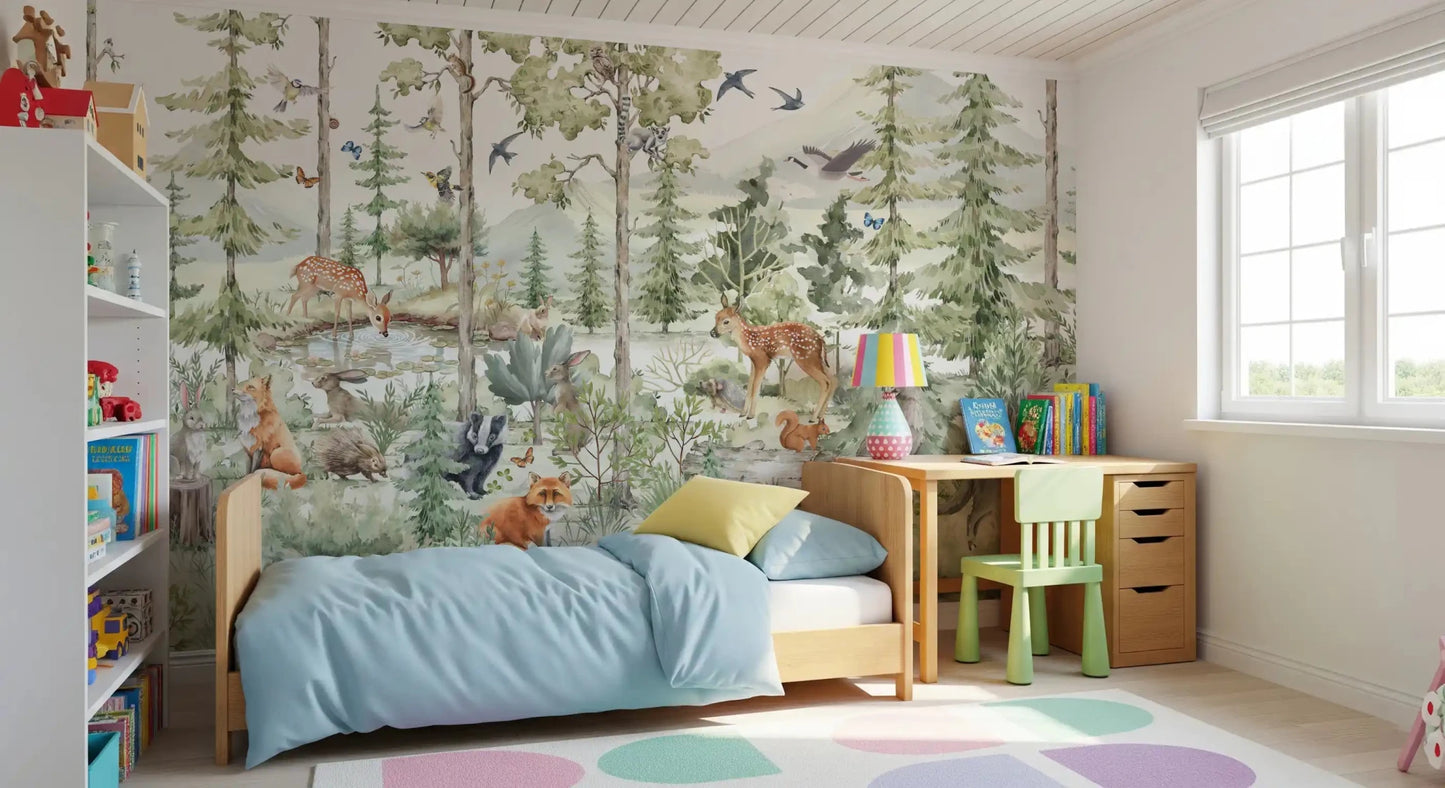 Forest animals wall mural with woodland friends and soft greenery