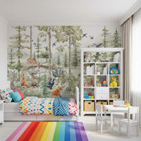 Woodland creatures wall mural with deer fox and nature background