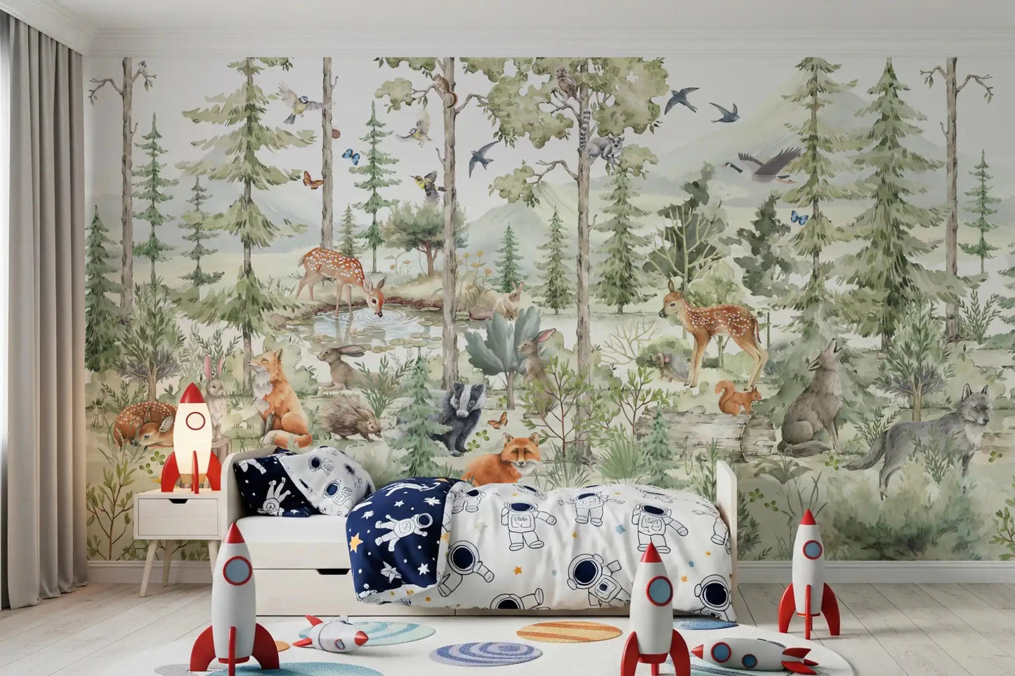 Enchanted Woodland Friends mural with animals and forest path