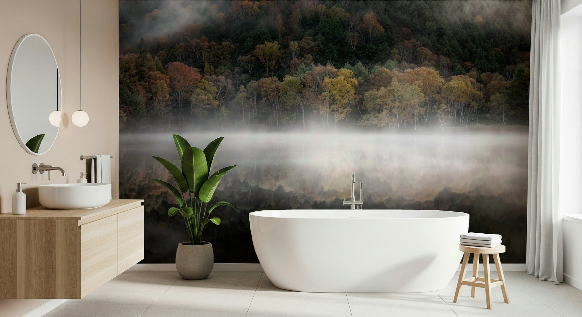 Striking Enchanted Woodland wallpaper, misty valley shore setting.