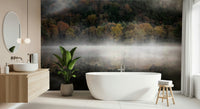 Striking Enchanted Woodland wallpaper, misty valley shore setting.