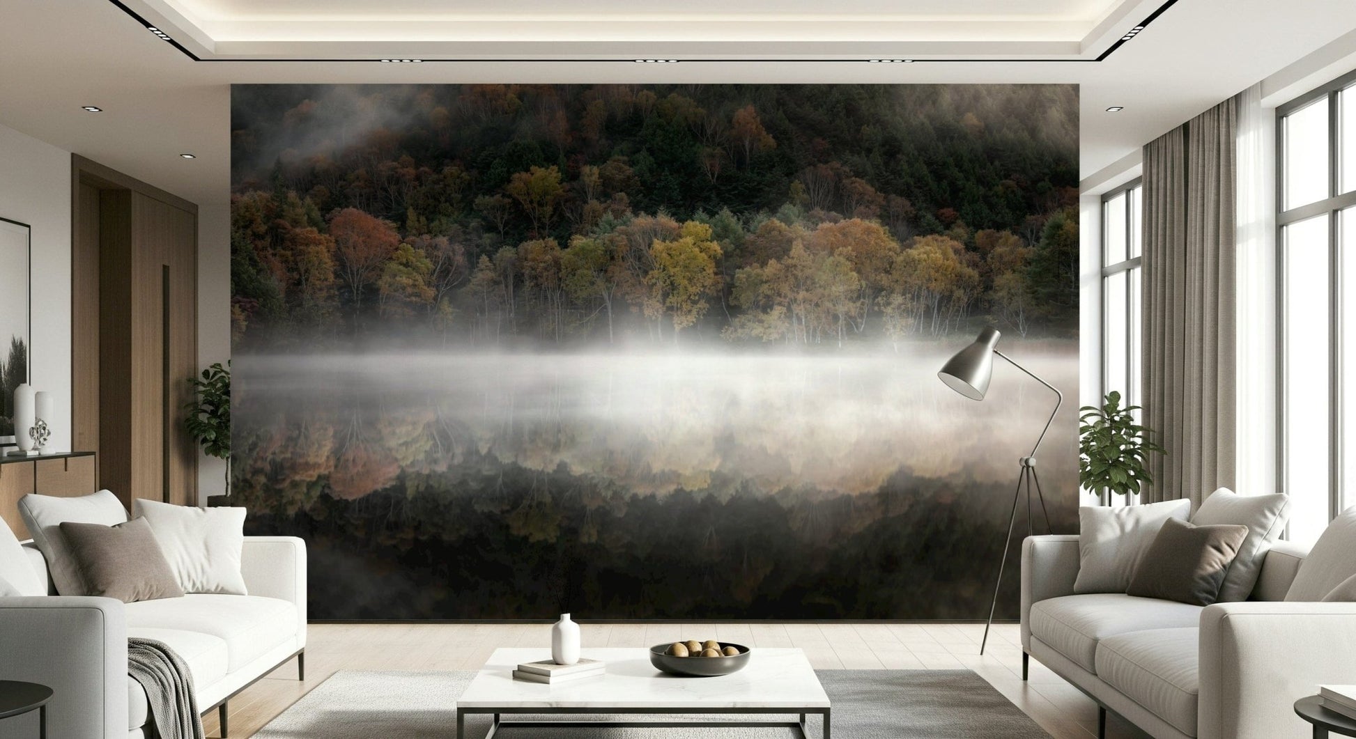 Woodland Reflection picture, spectacular colorful trees mural art.