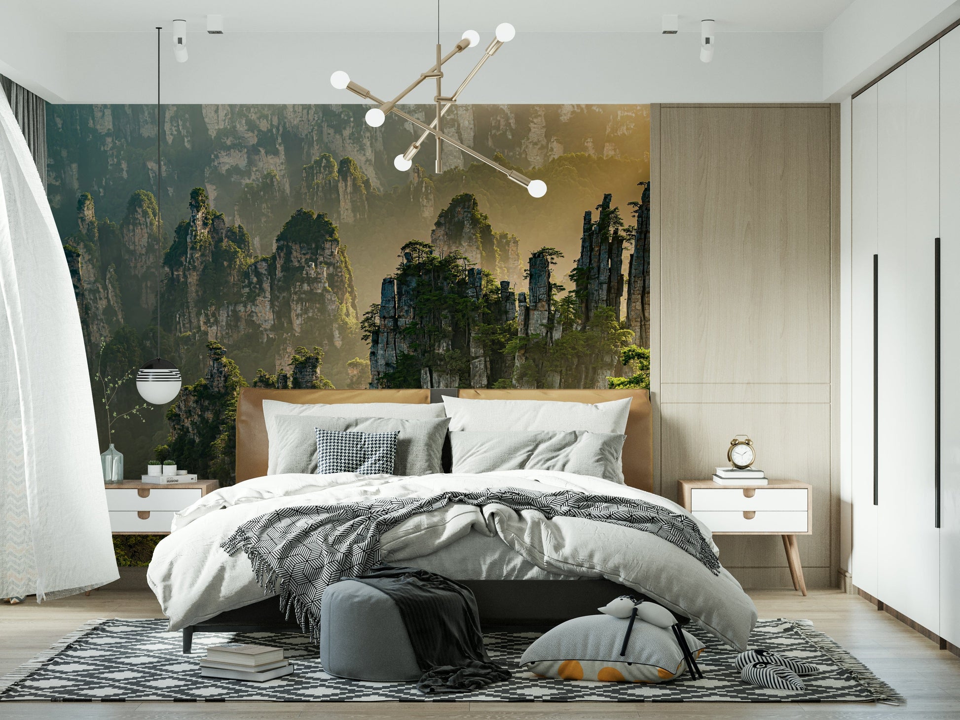 Spectacular woodland peaks print, stone monoliths, foggy dawn, captivating scene.