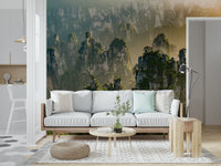 Floating Woodland Peaks mural, towering rock formations, verdant canopy, scenic.
