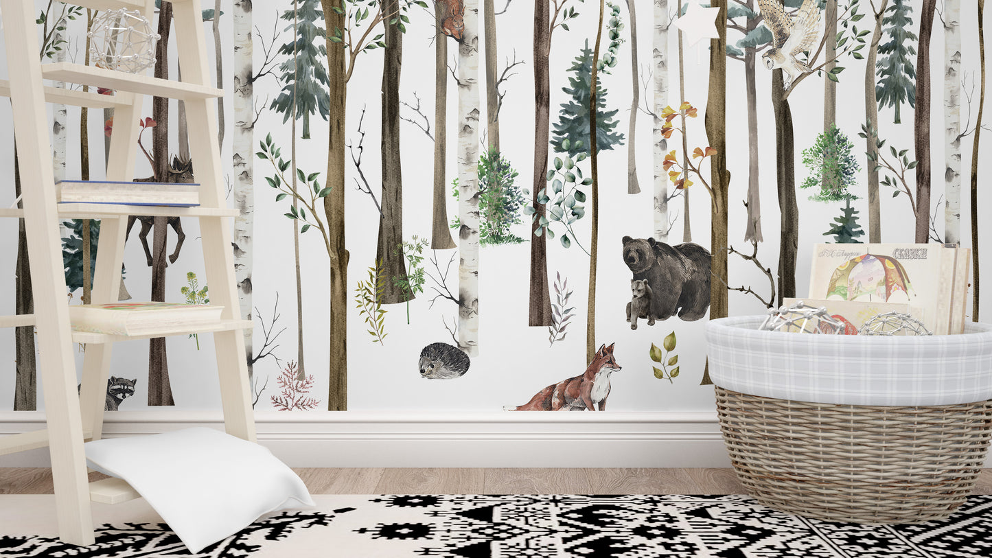 Fox & Bear in Snow Forest Wallpaper Mural - Giffywalls