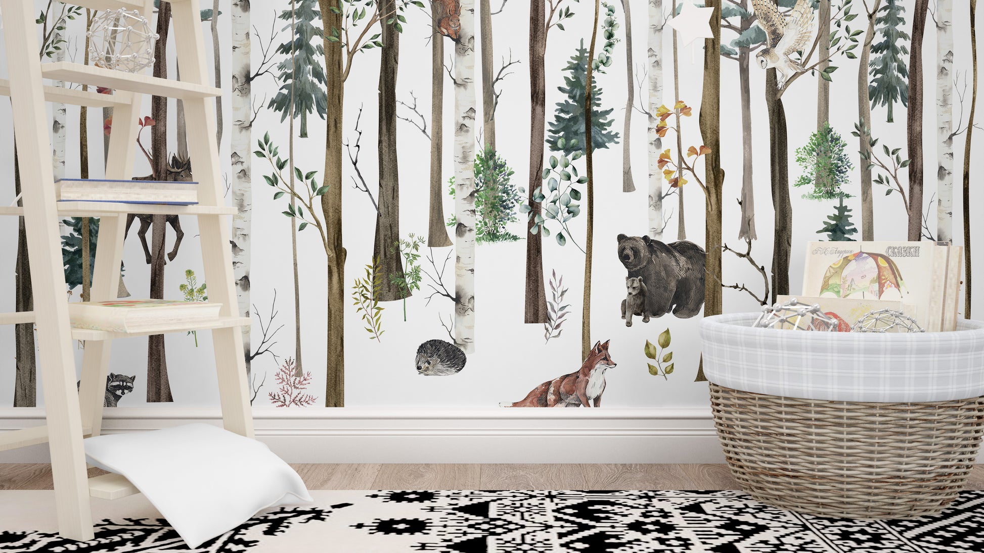 Fox & Bear in Snow Forest Wallpaper Mural - Giffywalls