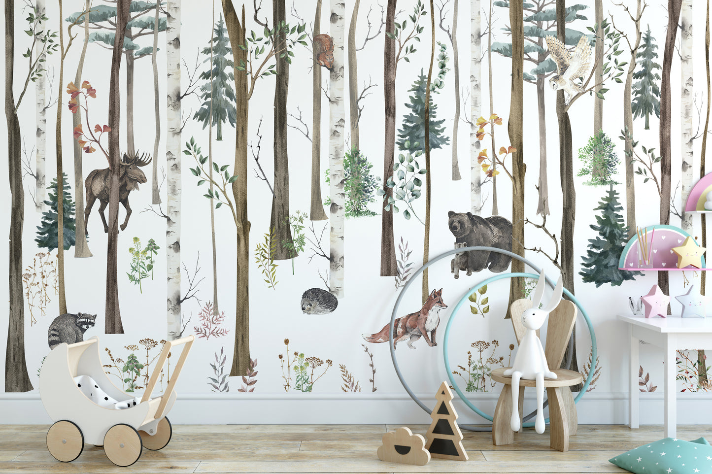 Fox and bear in snowy forest wall decor
