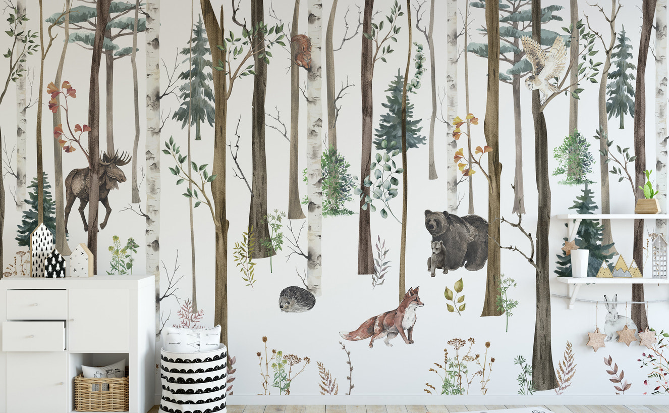 Winter forest wallpaper featuring fox and bear
