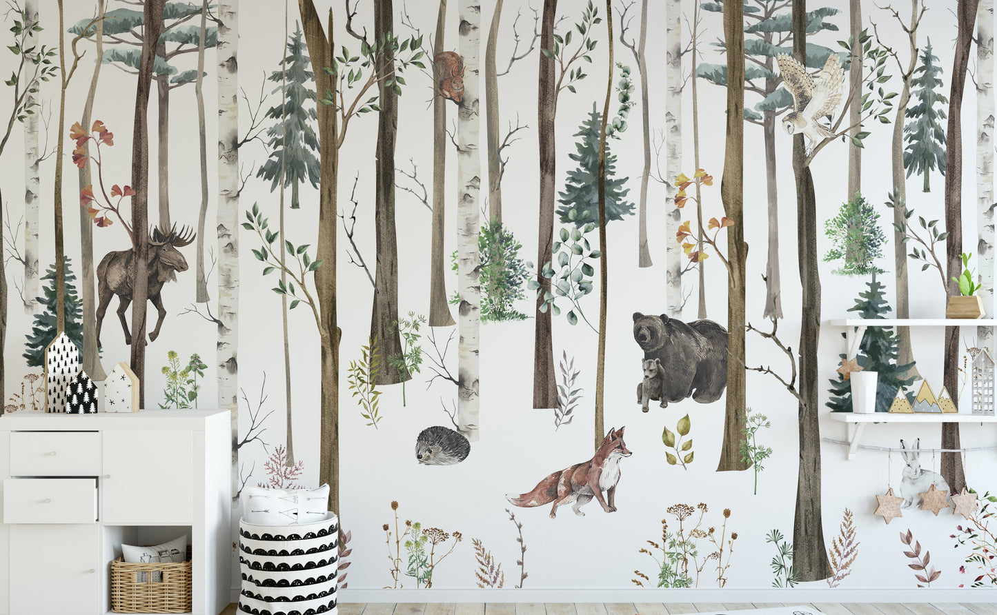 Winter forest wallpaper featuring fox and bear
