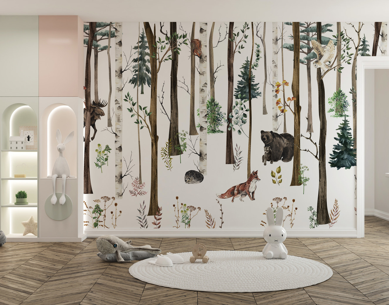 Snow forest mural with fox and bear design
