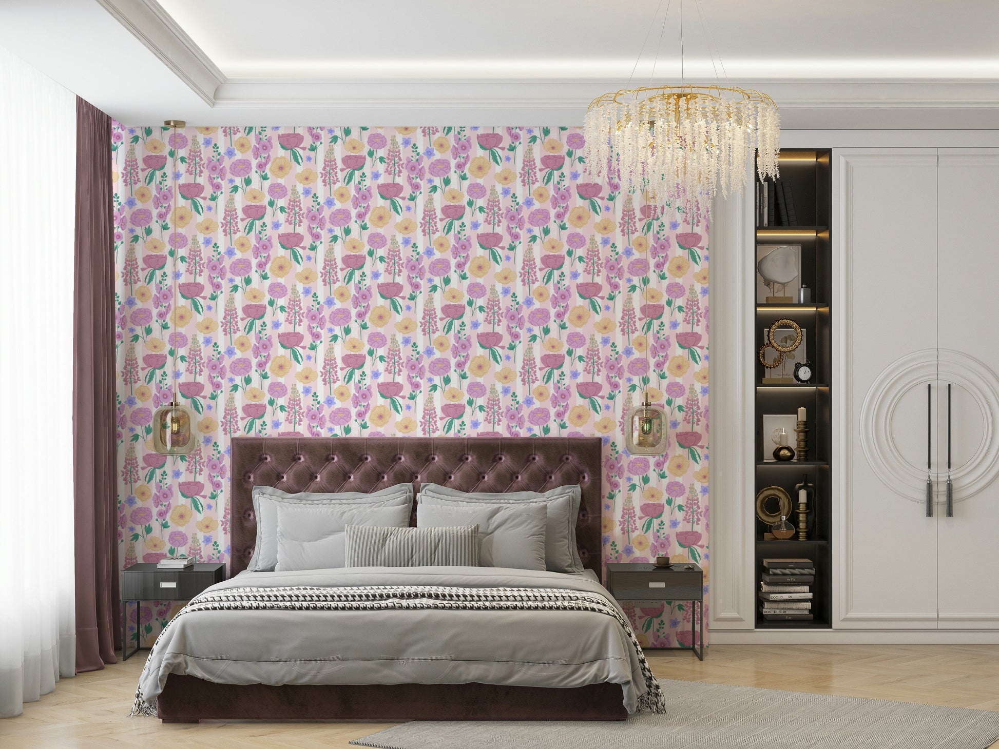 A graceful subtle bloom wall mural in soft, elegant tones.

