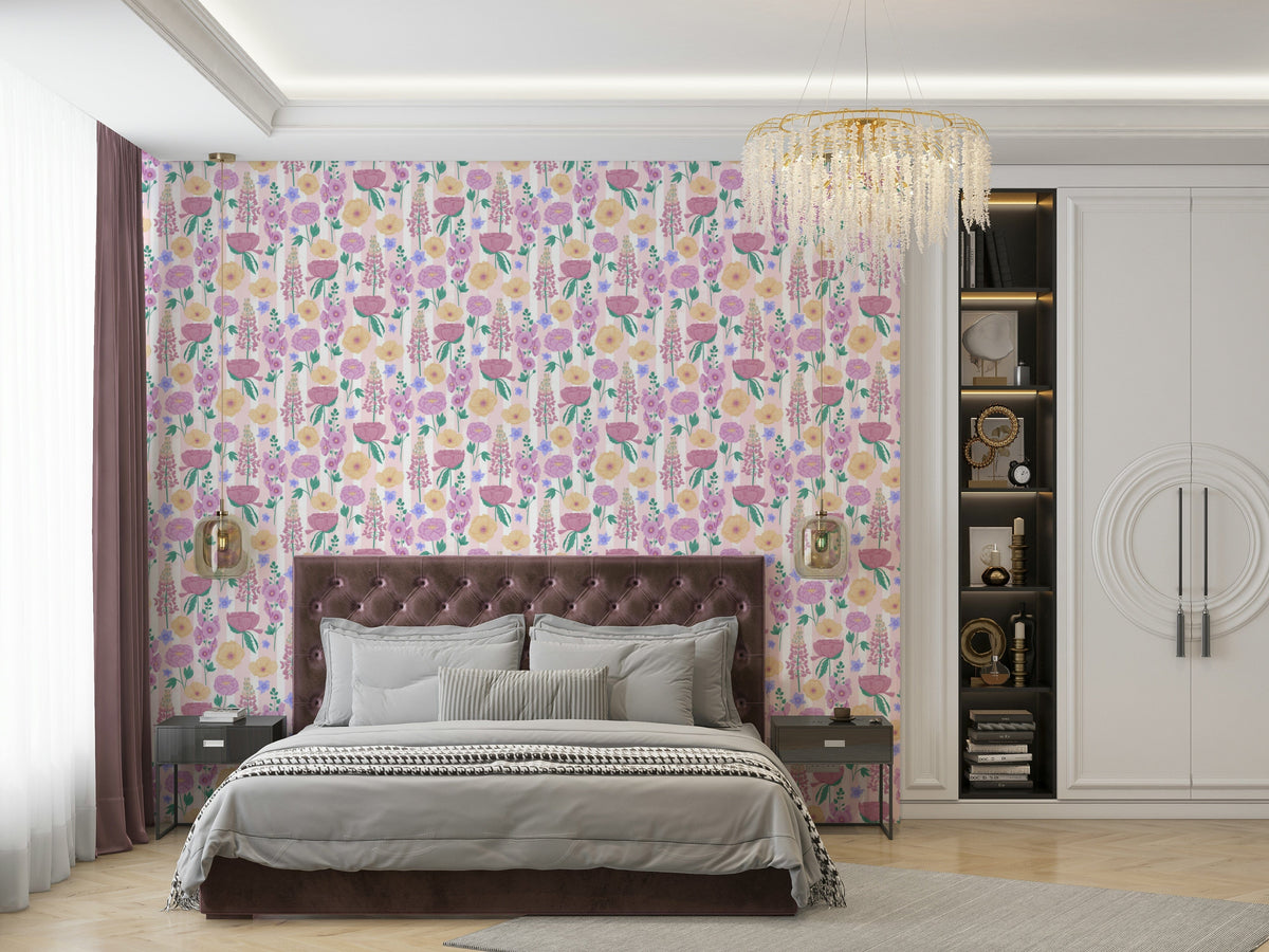 A graceful subtle bloom wall mural in soft, elegant tones.

