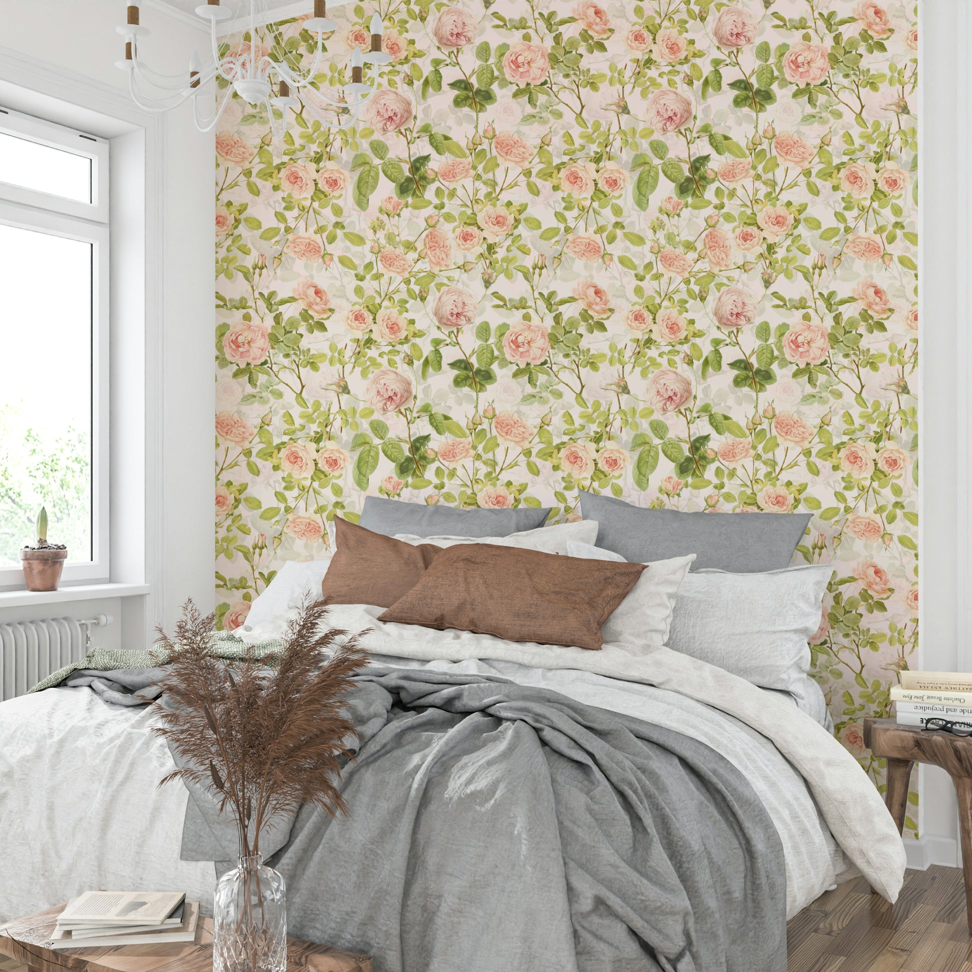 Soft, pastel floral wallpaper featuring vibrant English roses and greenery.

