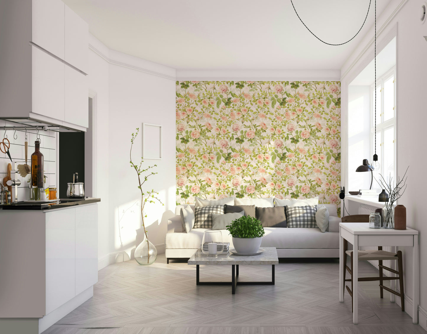 Close-up view of romantic English roses and delicate greenery in the mural.

